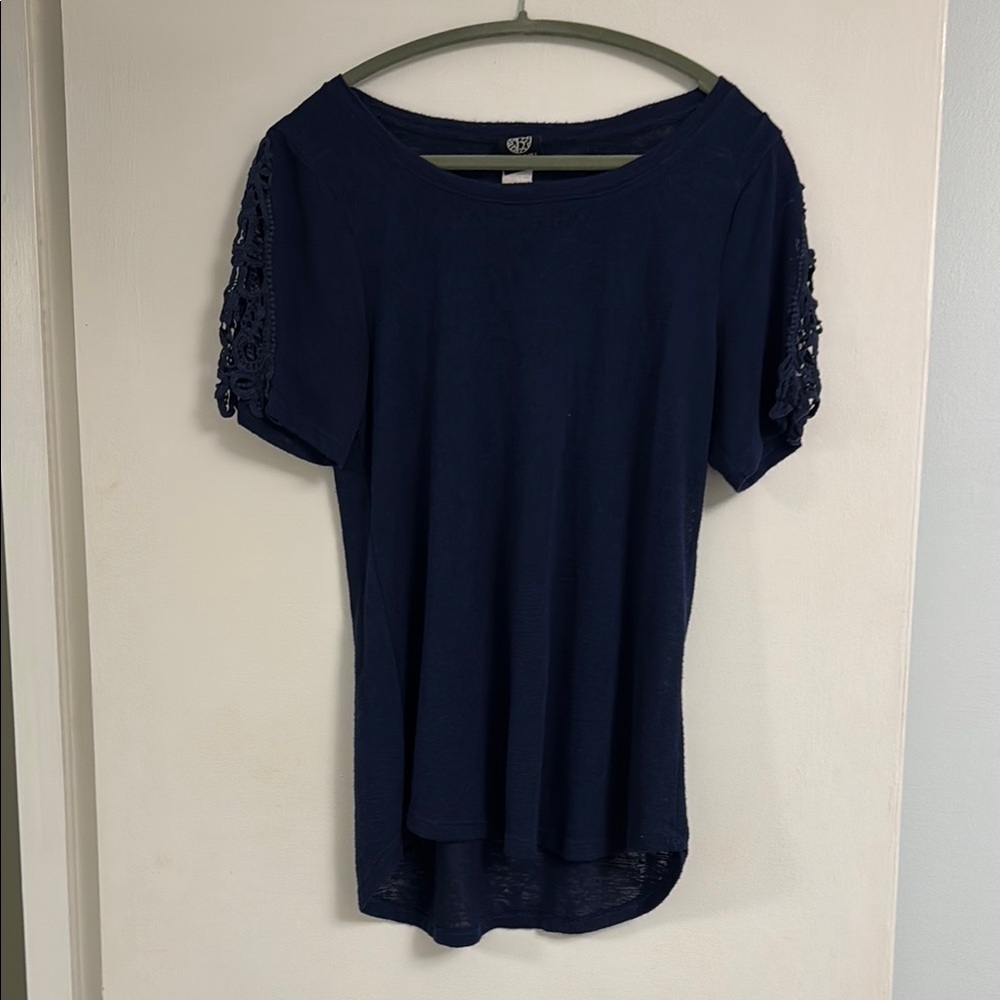 Navy Blue Short Sleeve Top with Lace Detail